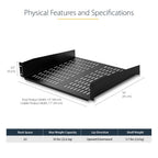 StarTech.com 2U Server Rack Shelf - Universal Vented Rack Mount Cantilever Tray for 19" Network Equipment Rack & Cabinet - Heavy Duty Steel - Weight Capacity 50lb/23kg - 16" Deep Shelf, Black - TAA