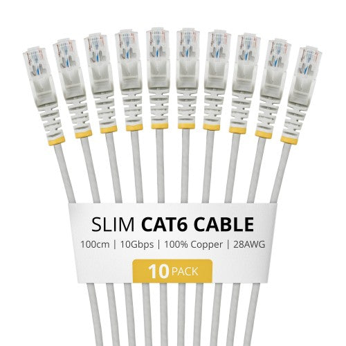 StarTech.com 1m Gray Slim CAT6 Cable, 10 Pack, Snagless, 100W PoE, UTP, LSZH, 28AWG Pure Bare Copper Wire, Slim RJ45 Network Patch Cord w/Strain Reliefs, Individually Tested