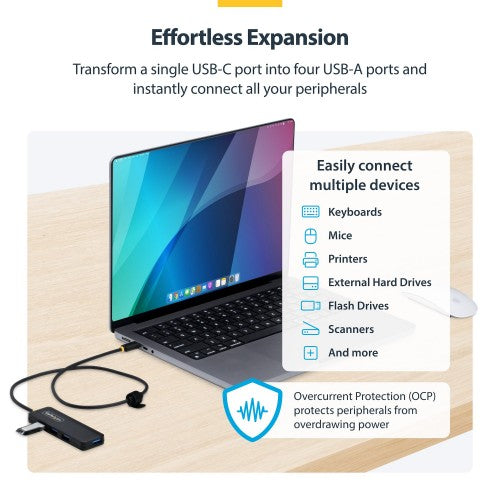 StarTech.com 4-Port USB-C Hub, 5Gbps, Bus Powered, USB-C to 4x USB-A Mini Hub, Extra Long 2ft/61cm Host Cable, PCR Plastic, Portable Desktop / Laptop USB Hub