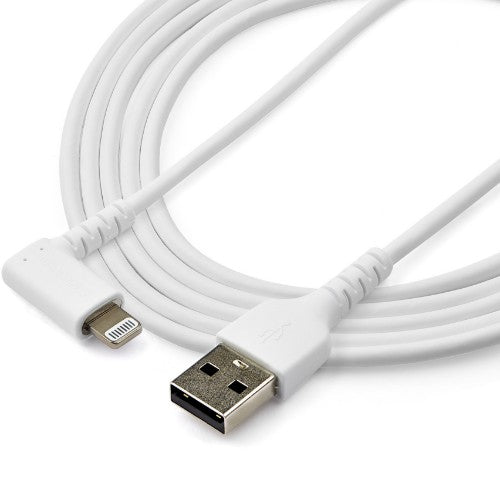 StarTech.com 6ft (2m) Durable USB A to Lightning Cable - White 90° Right Angled Heavy Duty Rugged Aramid Fiber USB Type A to Lightning Charging/Sync Cord - Apple MFi Certified - iPhone