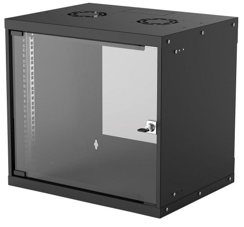 Intellinet 19" Network Cabinet - Wall Mount (Basic), 9U, 400mm Deep, Black, Flatpack, Max 50kg, Usable Depth 340mm, Glass Door, Rack, Parts for wall installation (eg screws and rawl plugs) not included