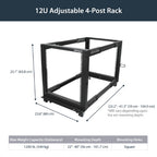StarTech.com 4-Post 12U Mobile Open Frame Server Rack, Four Post 19" Network Rack with Wheels, Rolling Rack with Adjustable Depth for Computer/AV/Data/IT Equipment - Casters, Leveling Feet or Floor Mounting