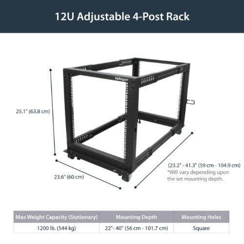StarTech.com 4-Post 12U Mobile Open Frame Server Rack, Four Post 19" Network Rack with Wheels, Rolling Rack with Adjustable Depth for Computer/AV/Data/IT Equipment - Casters, Leveling Feet or Floor Mounting