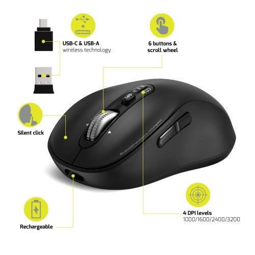 Port Designs 900707C mouse Home Right-hand RF Wireless + Bluetooth 3200 DPI