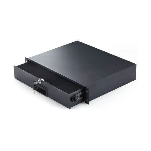 StarTech.com 2U Steel Lockable 19in Rackmount Drawer for AV, Network, Server Cabinets, 22lb (10kg) Capacity, Rear Cable Pass-through Holes, Keys Included