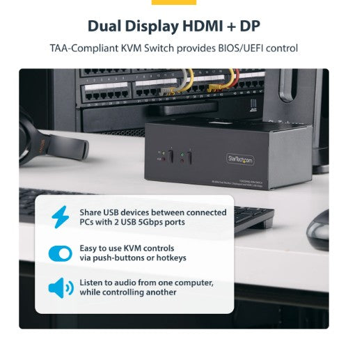 StarTech.com 2-Port Dual-Monitor DisplayPort and HDMI KVM Switch, 4K 60Hz, 1x HDMI & 1x DP Monitor, 2-Port USB 5Gbps Hub, 2x USB HID Ports, TAA Compliant