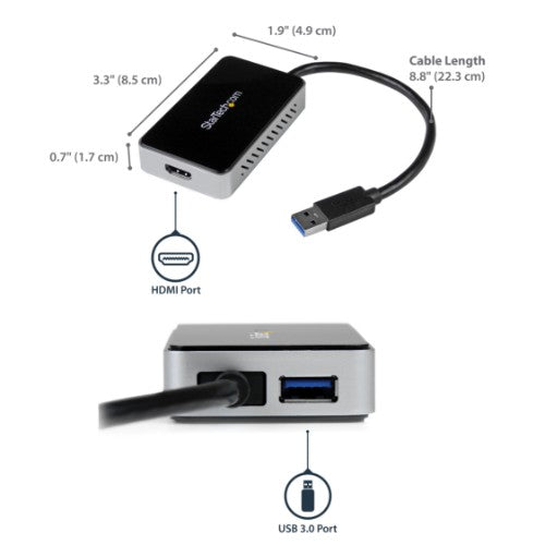 StarTech.com USB 3.0 to HDMI Adapter w/ 1x USB, USB to HDMI Monitor Converter for Windows (no support for macOS/ChromeOS/Linux) - TAA