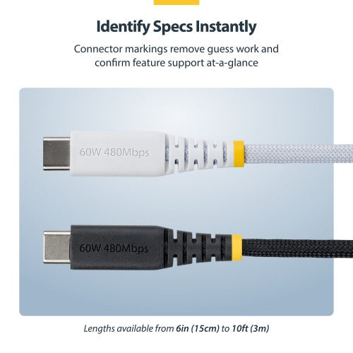 StarTech.com 30cm (1ft) White USB-C Charging Cable, 60W (3A) PD, Dual-Layer Braided Nylon/TPE Jacket, Rugged USB C Charging Cord, USB 2.0 Laptop Charger Cable