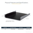 StarTech.com 2U Server Rack Shelf - Universal Rack Mount Cantilever Shelf for 19" Network Equipment Rack & Cabinet - Heavy Duty Steel – Weight Capacity 50lb/23kg - 22" Deep Tray, Black - TAA