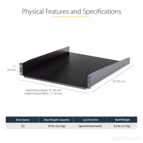 StarTech.com 2U Server Rack Shelf - Universal Rack Mount Cantilever Shelf for 19" Network Equipment Rack & Cabinet - Heavy Duty Steel – Weight Capacity 50lb/23kg - 22" Deep Tray, Black - TAA
