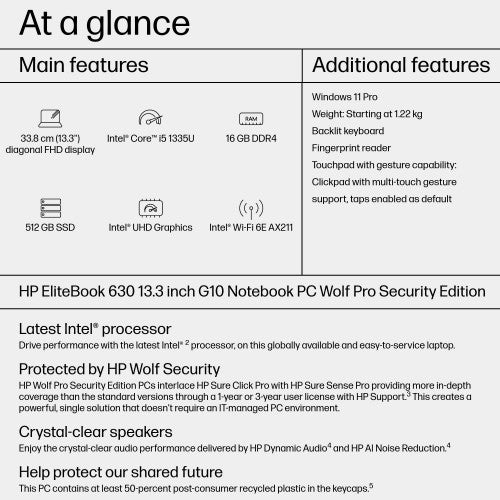 HP EliteBook 630 G10 Intel® Core™ i5 i5-1335U Laptop 33.8 cm (13.3") Full HD 16 GB DDR4-SDRAM 512 GB SSD Wi-Fi 6E (802.11ax) Windows 11 Pro Silver