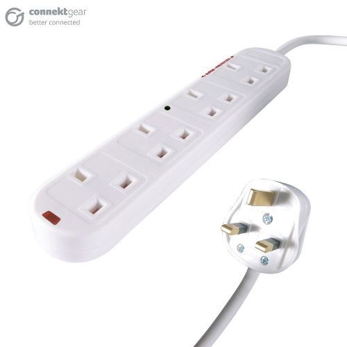 connektgear 2m 4 Way Surge Protected Power Extension Block - UK Plug to 4 x UK Sockets - White