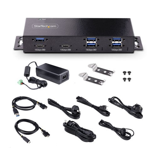 StarTech.com 7-Port Industrial USB 10Gbps Hub with Power Adapter, Metal, Mountable, 5x USB-A and 2x USB-C Downstream Ports, ESD Protection, Powered USB Hub, TAA