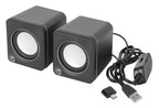 Manhattan 2600 Series Speaker System, Two Speakers, Black/Silver, USB for Stereo Audio and Power, Output: 2x 3W, Decent Sound, Integrated rotary volume control, USB-C/USB-A Adapter, Cable 1.4m, Three Year Warranty