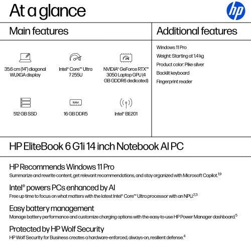 HP EliteBook 6 G1i AI Intel Core Ultra 7 255U Laptop 35.6 cm (14") WUXGA 16 GB DDR5-SDRAM 512 GB SSD Wi-Fi 7 (802.11be) Windows 11 Pro AI PC Silver