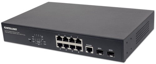 Intellinet 8-Port Gigabit Ethernet PoE+ Web-Managed Switch with 2 SFP Ports, IEEE 802.3at/af Power over Ethernet (PoE+/PoE) Compliant, 140 W, Endspan, Desktop, 19" Rackmount (UK power cord)