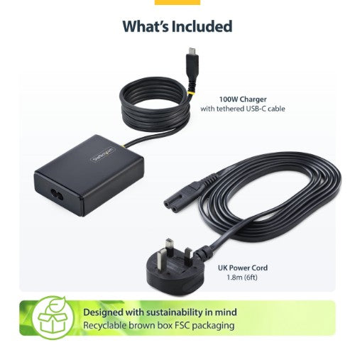 StarTech.com 100W USB-C Laptop Charger with 1.5m Tethered USB-C Cable, Power Adapter Brick for Dell, XPS, HP ProBook, MacBook Pro, Microsoft Surface Pro