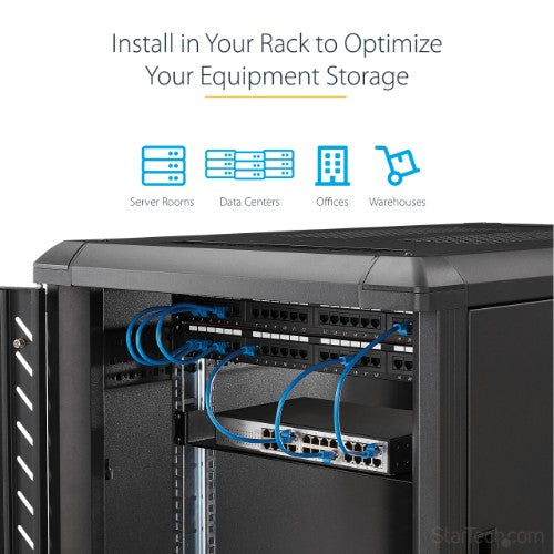 StarTech.com 2U Server Rack Shelf - Universal Rack Mount Cantilever Shelf for 19" Network Equipment Rack & Cabinet - Heavy Duty Steel – Weight Capacity 50lb/23kg - 22" Deep Tray, Black - TAA