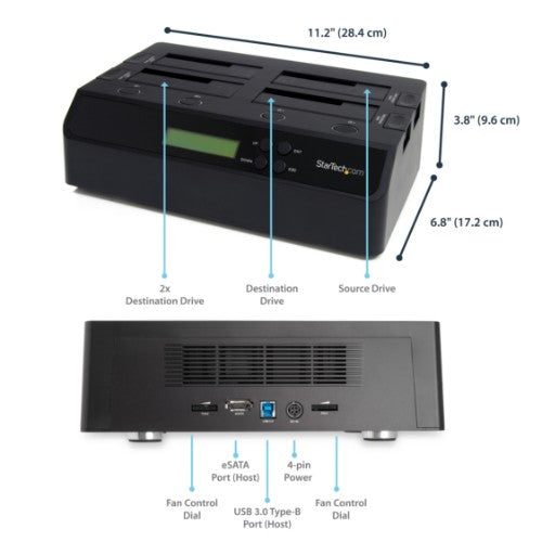StarTech.com 4-Bay Hard Drive Duplicator and Eraser, Standalone 1:3 SATA HDD/SSD Cloner/Copier, USB 3.0 / eSATA to SATA Docking Station, Hard Drive Duplicator and Sanitizer Dock, Toolless / Top-Loading Design
