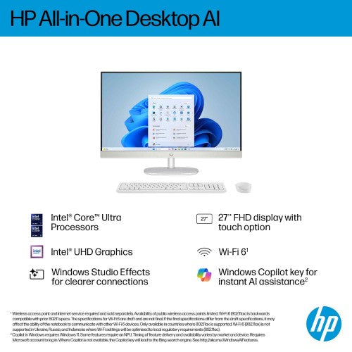 HP 27-cr2002na AI Intel Core Ultra 7 255U 68.6 cm (27") 1920 x 1080 pixels All-in-One PC 16 GB DDR5-SDRAM 1 TB SSD Windows 11 Home Wi-Fi 6 (802.11ax) AI PC White