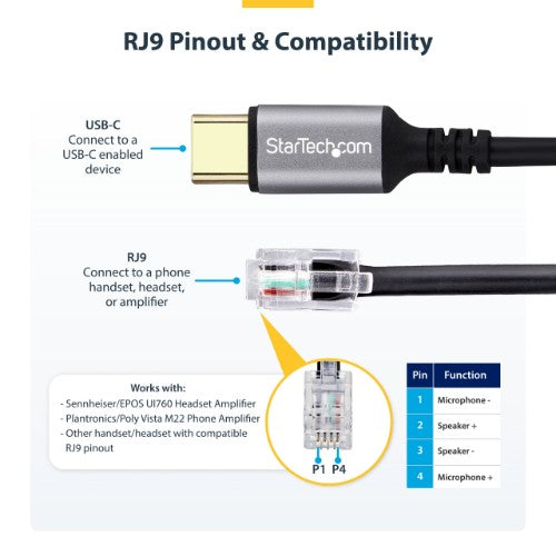 StarTech.com USB-C to RJ9 Adapter for Office Phone Handset or Wired/Wireless Headset, Use Existing Landline Hardware, 6ft/1.8m, For Laptop/Desktop Computer/Mobile