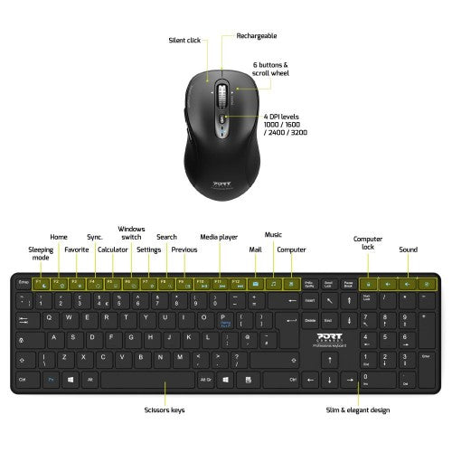 Port Designs 900907RUK keyboard Mouse included Home Bluetooth UK English Black