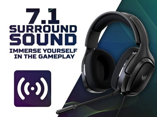 Acer Predator Galea 365 Gaming Headset with Control Box, 7.1 Surround Sound, Detachable Omnidirectional Mic, Ergonomic Ear Cups, Adjustable Headband, Black