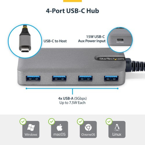 StarTech.com 4-Port USB-C Hub, 5Gbps, Bus Powered, USB C to 4x USB-A Hub with USB-C Auxiliary Power Input, 1ft/30cm Host Cable, Portable Desktop/Laptop USB Hub
