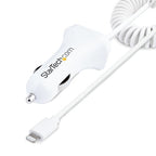 StarTech.com Lightning Car Charger with Coiled Cable, 1m Coiled Lightning Cable, 12W, White, 2 Port USB Car Charger Adapter for Phones and Tablets, Dual Device In Car iPhone Charger