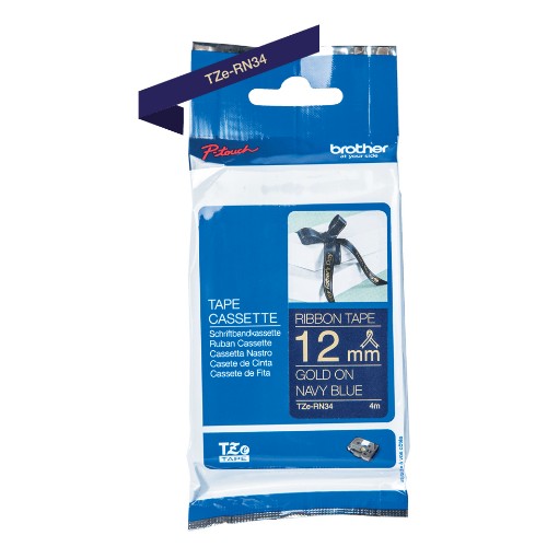 Brother TZE-RN34 DirectLabel gold on Navy blue non adhesive textil 12mm x 4m for Brother P-Touch TZ 3.5-18mm/6-12mm/6-18mm/6-24mm/6-36mm