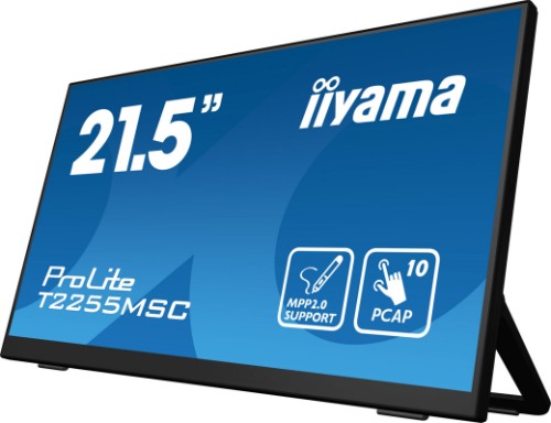 iiyama ProLite 21.5” Optical Bonded PCAP 10pt touchscreen monitor with IPS panel technology, edge-to-edge glass, anti-fingerprint coating, active stylus support (MPP 2.0) and a flexible stand