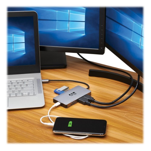 Tripp Lite U442-DOCK8G-GG USB-C Dock, Dual Display - 4K 60 Hz HDMI, USB 3.x (5Gbps) Hub Ports, GbE, Memory Card, 100W PD Charging, Gray