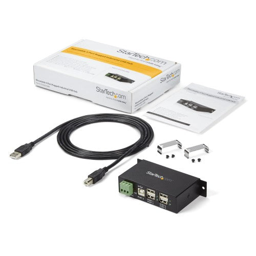 StarTech.com 4-Port USB 2.0 Hub - Metal Industrial USB-A Hub - Din Rail, Wall or Desk Mountable USB Data Hub - TAA Compliant USB Expander Hub