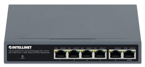 Intellinet PoE-Powered 6-Port Lite Smart Managed PoE+ Switch with 4 GbE Ports / 2 GbE Uplinks and PoE Passthrough (with UK power cord)