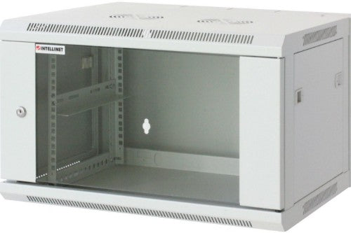 Intellinet 19" Network Cabinet - Wall Mount (Standard), 12U, 600mm Deep, Grey, Assembled, Max 60kg, Metal & Glass Door, Back Panel, Removeable Sides,Suitable also for use on desk or floor, Usable Depth 500mm, Parts for wall install (eg screws/rawl plugs)