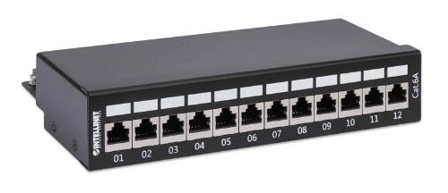 Intellinet Patch Panel, Cat6a, FTP, 12-Port, Desktop, Shielded, 90° Top-Entry Punch Down Blocks, Black