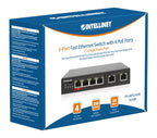 Intellinet 6-Port Fast Ethernet Switch with 4 PoE Ports (1 x High-Power PoE), One High-Power 60 W PSE PoE Port, Three IEEE 802.3at/af PSE PoE Ports, PoE Power Budget of 65 W, PoE Extend Mode, Two RJ45 Uplink Ports, VLAN