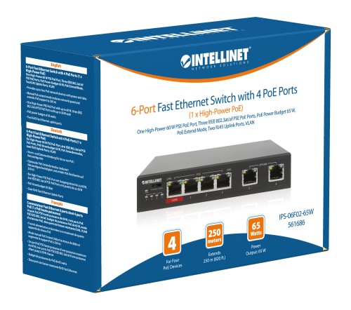Intellinet 6-Port Fast Ethernet Switch with 4 PoE Ports (1 x High-Power PoE), One High-Power 60 W PSE PoE Port, Three IEEE 802.3at/af PSE PoE Ports, PoE Power Budget of 65 W, PoE Extend Mode, Two RJ45 Uplink Ports, VLAN