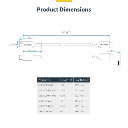 StarTech.com 1m (3.3ft) White USB-C Charging Cable, USB C Cable, USB 2.0 Type-C Laptop Charger Cord, 60W 3A Power Delivery, TPE Jacket, USB-C Data Transfer Cable, M/M