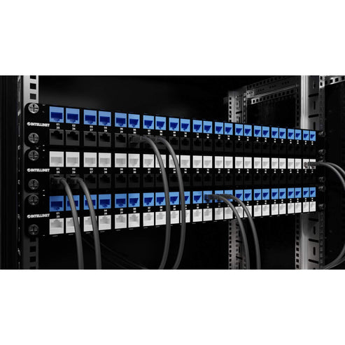 Intellinet 19" 48-Port Shielded Blank Patch Panel, 1U, Unloaded 19-inch Rackmount Keystone Panel for High-density Installations, Removable Cable-Management Bar, Black