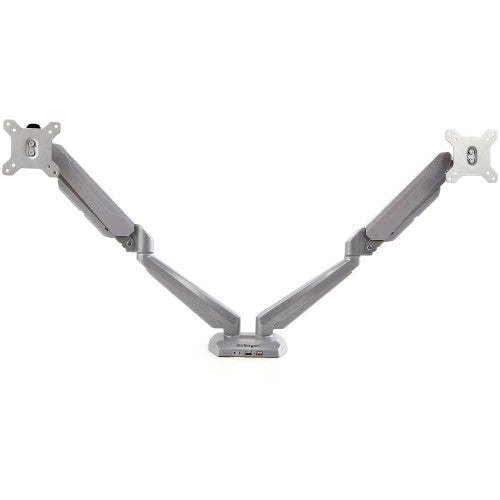 StarTech.com Desk Mount Dual Monitor Arm with USB & Audio, Desk Clamp VESA Mount for up to 32" (17.6lb/8kg) Displays, Ergonomic Full Motion Dual Monitor Arm - Silver