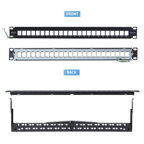 StarTech.com 24 Port 1U Blank Keystone Patch Panel with Cable Management Bar, Rackmount Cat6 Patch Panel for RJ45 STP Ethernet Network Jacks