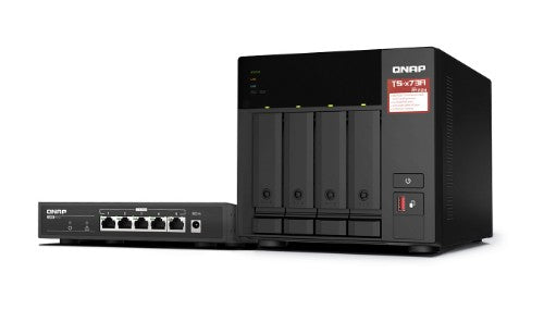 QNAP TS-473A + QSW-1105-5T Bundle Pack NAS Tower Ryzen Embedded V1500B 8 GB DDR4 0 TB QNAP Turbo System Black