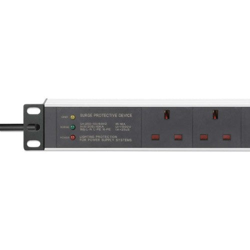 Intellinet 19" 1U PDU 7-way UK, Surge Protection, Rackmount, Power Distribution Unit, UK 3-pin outlets, 3m power cord, output