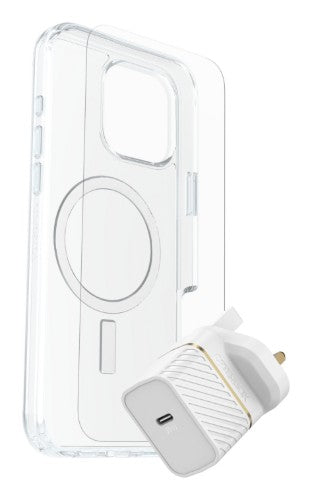 OtterBox Symmetry Series Clear for MagSafe + Premium Glass + Fast Charge Wall Charger USB-C 30W Type G for Apple iPhone 16 Pro Max