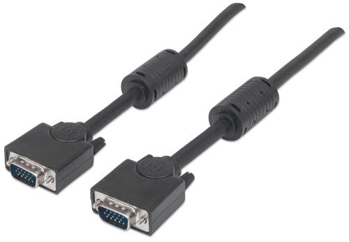 Manhattan VGA Monitor Cable (with Ferrite Cores), 3m, Black, Male to Male, HD15, Cable of higher SVGA Specification (fully compatible), Shielding with Ferrite Cores helps minimise EMI interference for improved video transmission, Lifetime Warranty