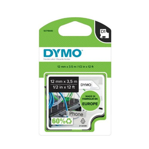 Dymo 16957/S0718040 DirectLabel-etikettes Nylon black on white 12mm x 3,5m for Dymo D1 6-12mm/19mm/24mm/400 Duo