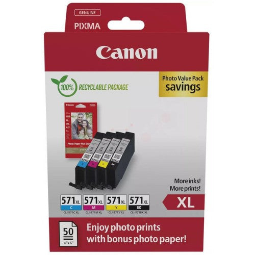 Canon 0332C005/CLI-571XL Ink cartridge multi pack Bk,C,M,Y high-capacity + Photopaper 50 sheet 11ml Pack=4 for Canon Pixma MG 5750/7750