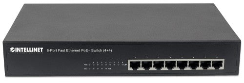 Intellinet 8-Port Fast Ethernet PoE+ Switch, 4 x PoE IEEE 802.3at/af Power-over-Ethernet (PoE+/PoE) ports, 4 x Standard RJ45 Ports, Endspan, Desktop, 19" Rackmount (UK power cord)