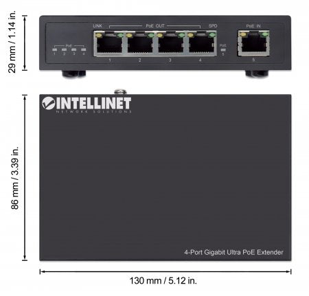 Intellinet 4-Port Gigabit Ultra PoE Extender, Adds up to 100 m (328 ft.) to PoE Range, 90 W PoE Power Budget, Four PSE Ports with up to 30 W Output, IEEE 802.3bt/at/af Compliant, Metal Housing
